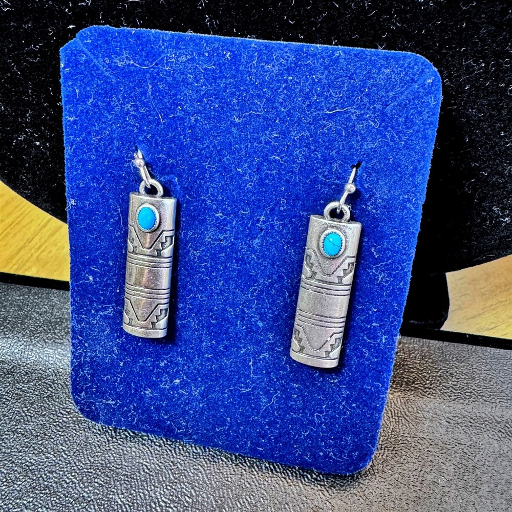 Vintage Southwestern Style‎ Silver Tone Turquoise Inlay Drop Dangle Earrings